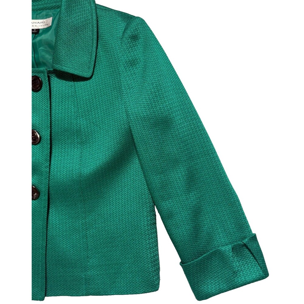 Tahari Green Textured Cropped Blazer Jacket Womens Sz 6 Retro 3 Button Cuffed - Picture 5 of 16